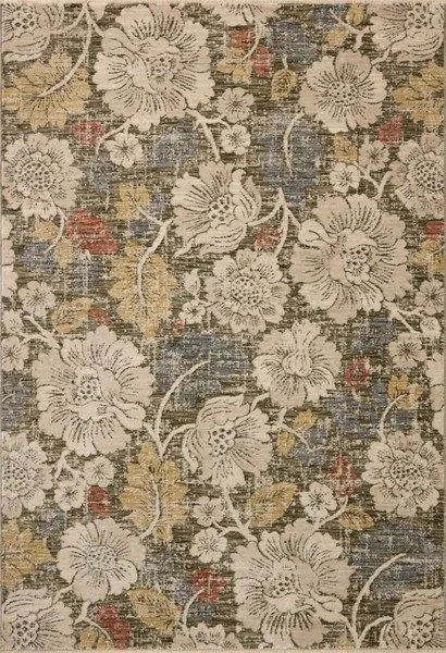 Botanical area rug with large-scale floral design in olive, cream, blue, and muted red hues