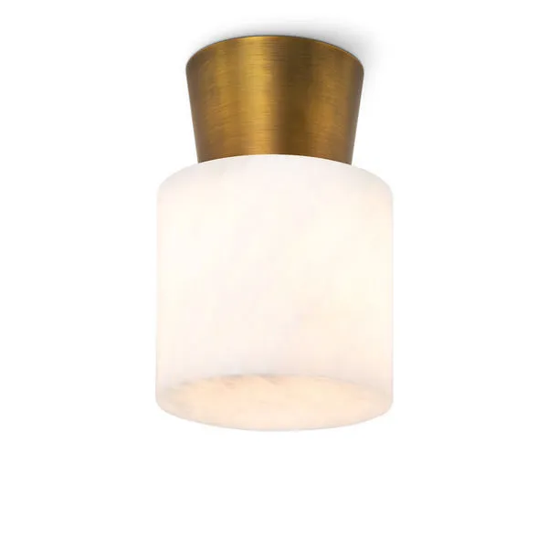 Ceiling flush mount with alabaster cylindrical shade and oil rubbed bronze tapered base