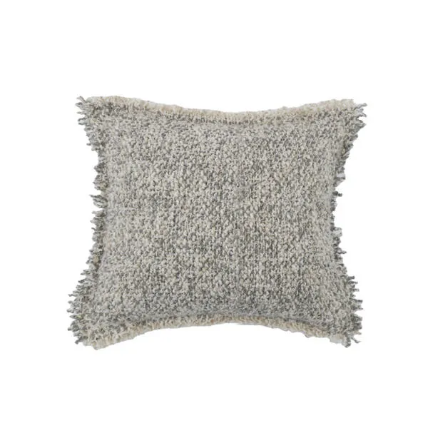 Square Brentwood Pillow with chunky bouclé texture in heathered cream and gray yarns, with fringed edges
