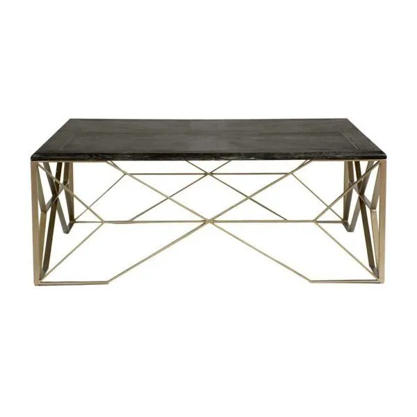 Square coffee table with cerused oak slatted top and metal base with intersecting bars forming geometric shapes
