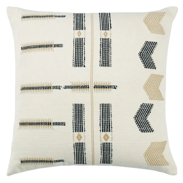 Cream lumbar pillow with black and tan tribal stitch patterns on finely woven cotton fabric