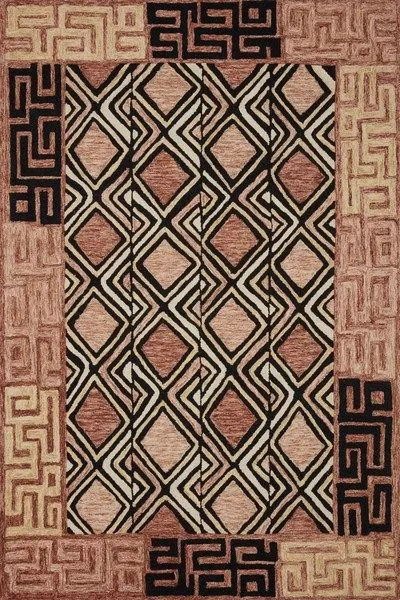 Nala Rose Black Rug with tribal-inspired geometric patterns in earth tones, hand-tufted wool with a patterned border