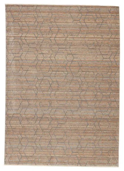 Rectangular rug in tan, gray, and taupe with distressed geometric lattice pattern and metallic accents
