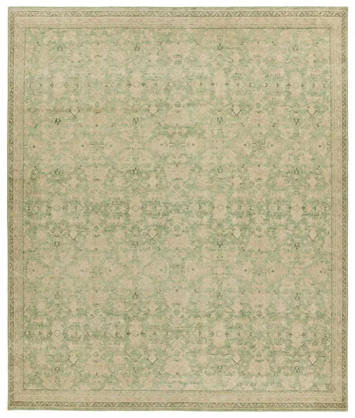 Hand-knotted Rowland rug with distressed floral trellis pattern in green and tan tones, 10x14 feet