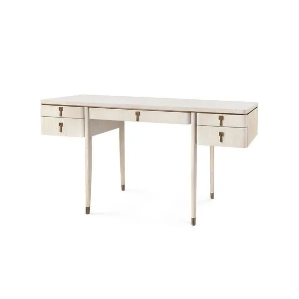 Modern Lanna desk in straight grain oak with soft closing glide drawers and bronze accents.