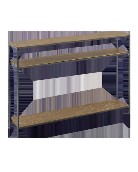 Lathi Brass Console Table with narrow 8-inch depth, antique brass cast aluminum shelves and black iron legs
