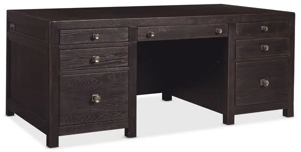 Driftwood Executive Desk in burnt timber finish with oak veneer, multiple drawers, and textured dark wood grain