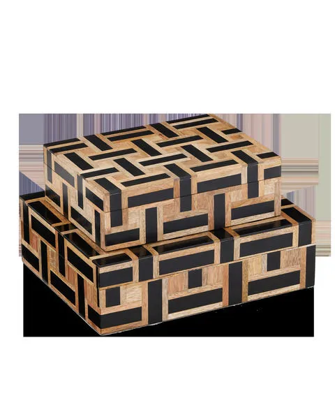 Set of two rectangular boxes featuring basket-weave pattern of natural wood pieces and black composite strips