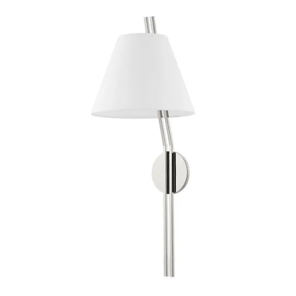 Shokan 1-Light Polished Nickel Wall Sconce with two slender arms and white tapered fabric shade