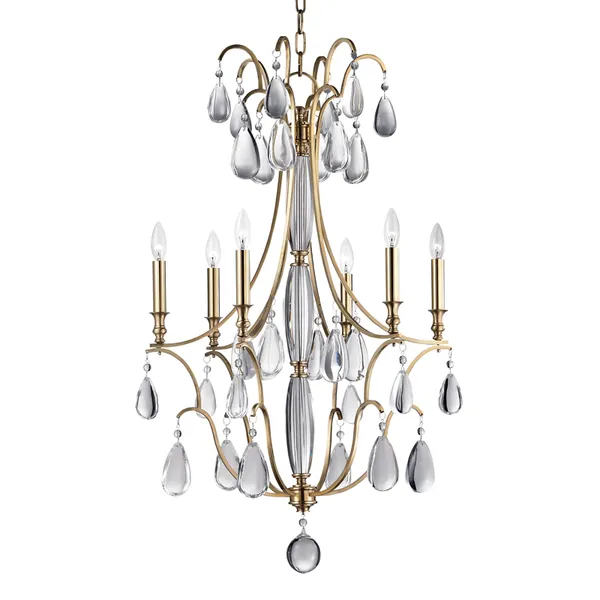 Crawford 6 Light Chandelier with gold curved arms and hanging teardrop crystals, six candle-style bulbs