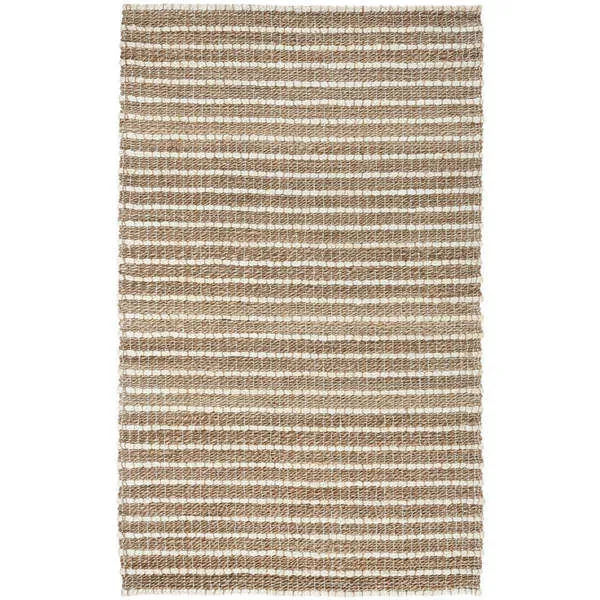 Handwoven natural jute area rug in beige with white horizontal stripes and coiled braided texture