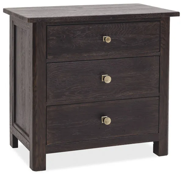 Driftwood three-drawer nightstand in Burnt Timber finish with brass knobs and sturdy square legs