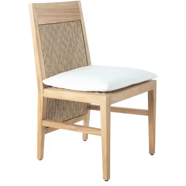 Savannah Teak Extended Back Side Chair with woven back and seat panel, teak frame, and white seat cushion