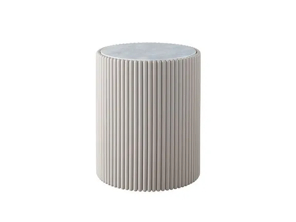 Cylindrical Mantra Side Table with a sleek white marble top and a vertical beaded column body in light beige