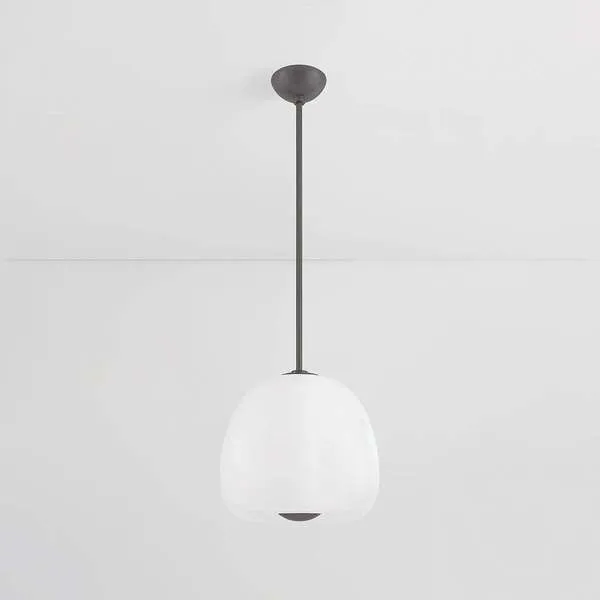 Scranton Pendant with apple-inspired rounded etched glass shade and shiny opal glass core, hanging from metal rod