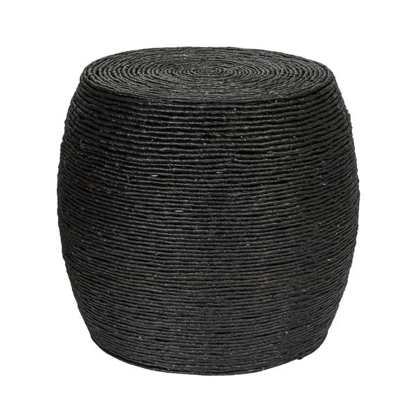 Tall natural accent table with gently rounded shape, handwoven from black sustainable corn rope