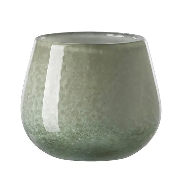 Sleek greenish glass lantern vase with smooth contours and subtle textured finish