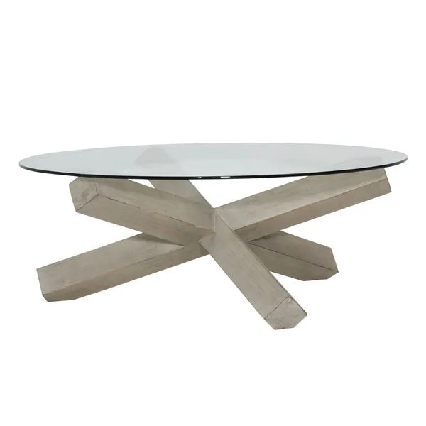 48-inch Judy Coffee Table with light warm wash pine wood base and round clear glass top