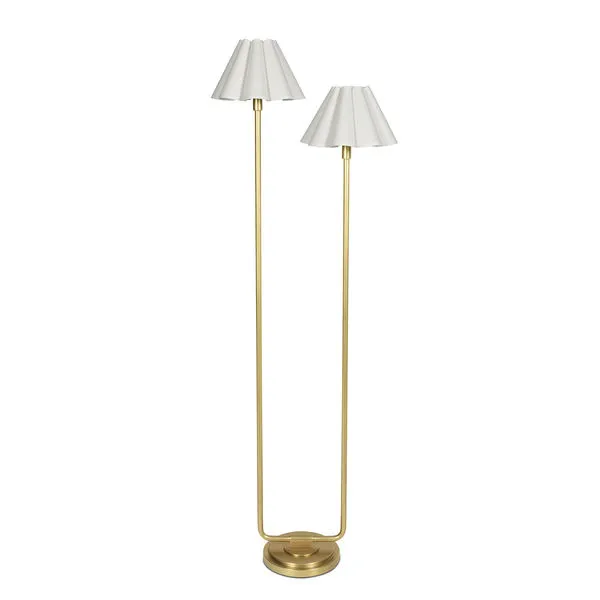 Polly Natural Brass Floor Lamp with two white scalloped shades and asymmetrical brass base