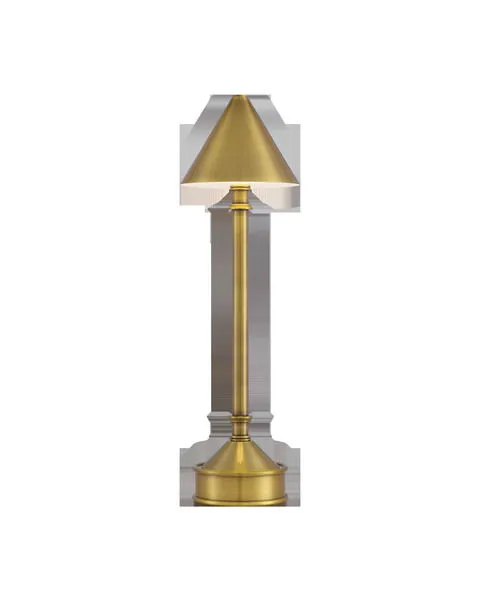 Traipse Brass Cordless Table Lamp with polished brass finish, petite size, cone shade, and round base with switch