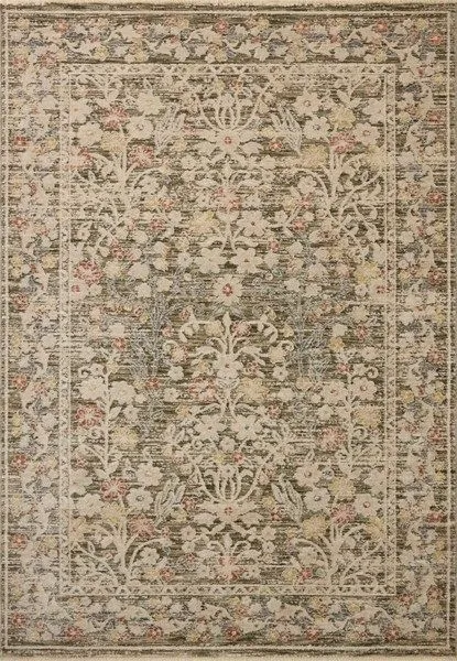 Traditional rectangular rug with classic floral patterns in olive, beige, and muted multicolor shades