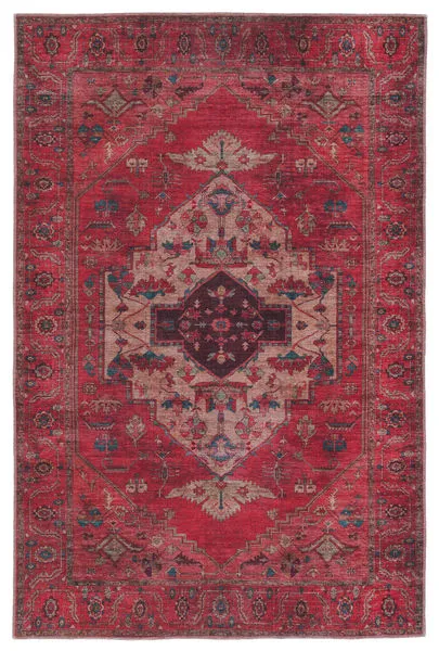 Rectangular vintage style rug with distressed medallion pattern in rich red, brown, teal, gray, and beige