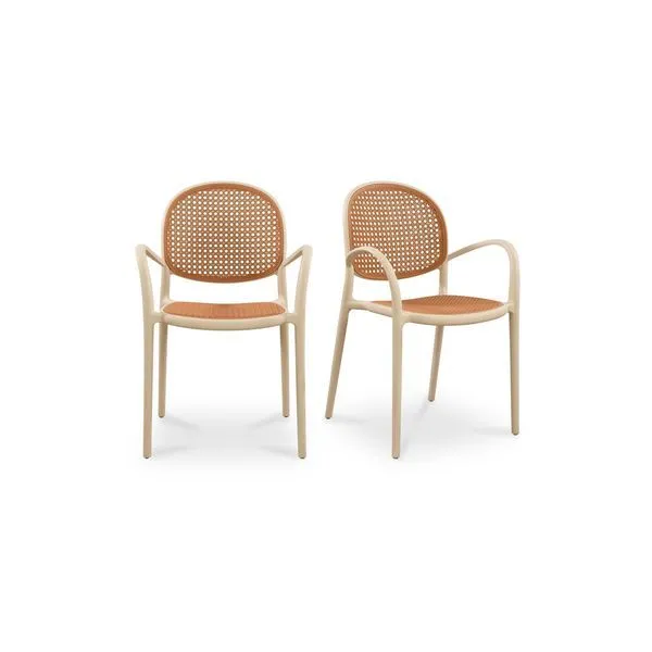 Set of two Soren outdoor dining chairs with beige frames and rust-colored woven polypropylene seats and backs