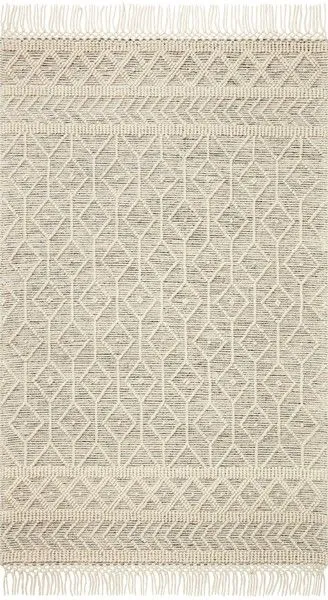Noelle ivory and black hand-woven rug with intricate geometric patterns and fringe edging