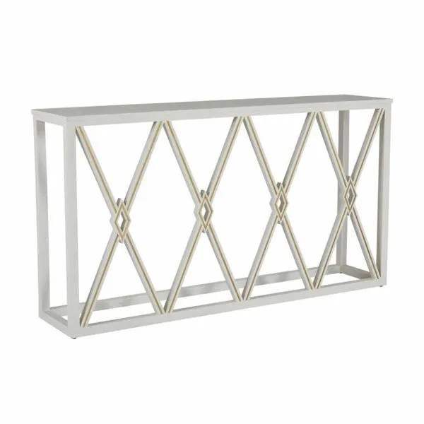 Alandra Console Table with cerused white Mindy wood and stained-gold metal diamond pattern inlay on the front