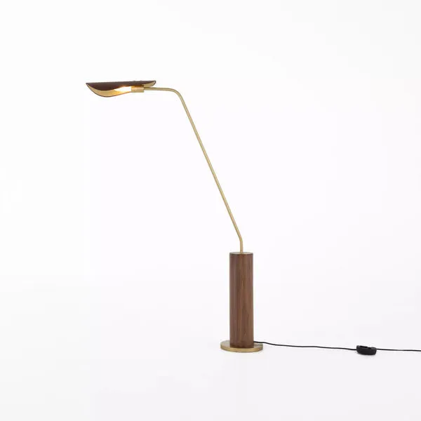 Floor lamp profile view on white background with power cord and switch visible