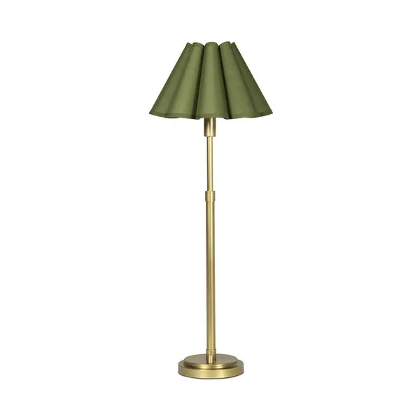 Polly Natural Brass Buffet Lamp with green scalloped shade and slender brass base with round platform