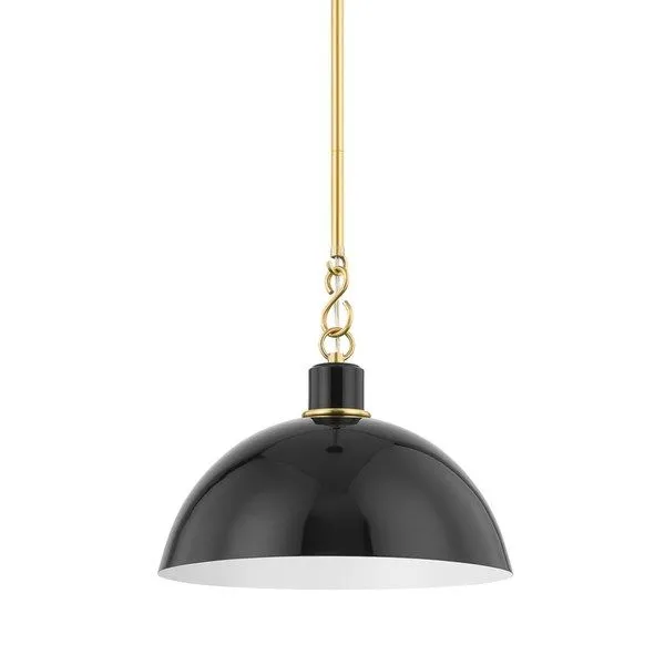 Glossy black dome pendant light with white interior and aged brass details on rod and fixture top