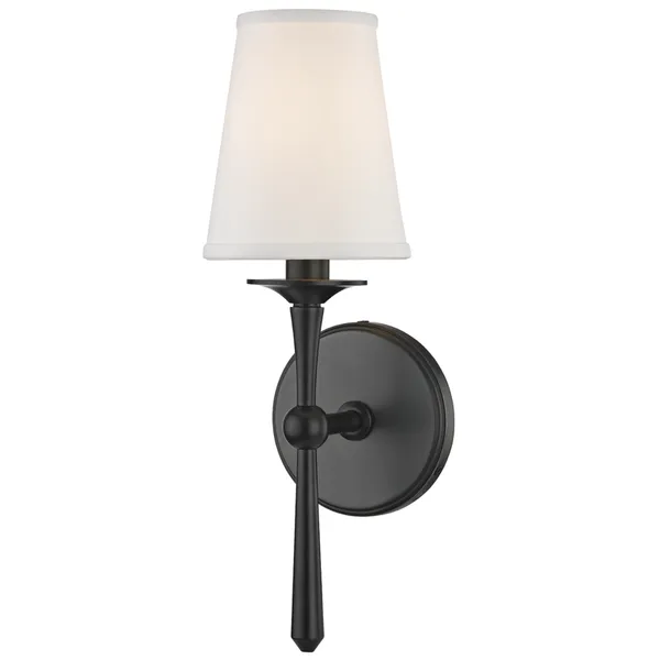 Islip wall sconce with matte black metal body and tapered white fabric shade