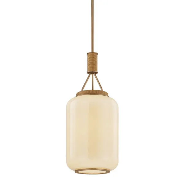 Judson Lantern pendant with elongated cream opal glass shade, rattan wrapping, and patina brass accents
