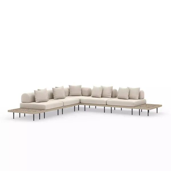 Yves 5-piece sectional with brown and sand-colored fabric cushions and integrated end tables on each side