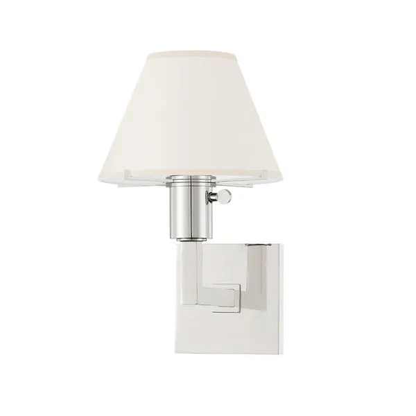 Leeds 1 Light Wall Sconce with polished steel base and white fabric tapered lampshade