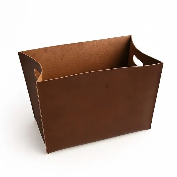 Chestnut leather tool box with smooth finish and cutout handles on sides