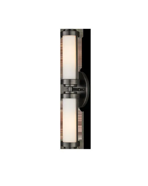 Bowland Bath Wall Sconce in bronze with double cylindrical opaque glass tubes and sleek metal caps top and bottom