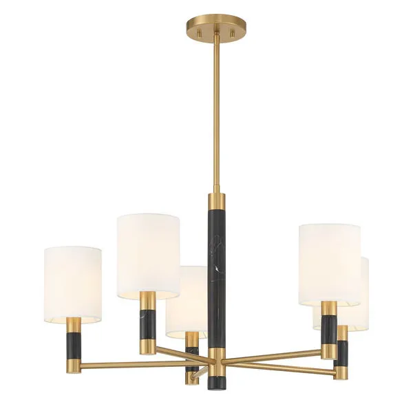 Side angle of chandelier highlighting black marble on arms and brass finish