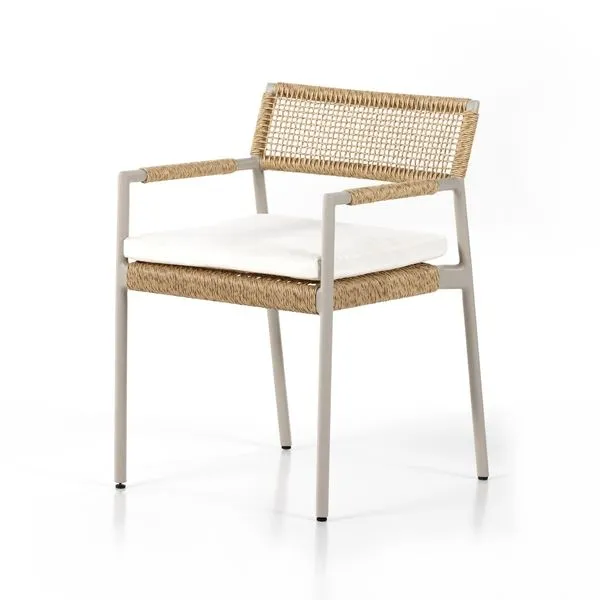 Niles Modern Outdoor Dining Armchair in dove taupe with woven rope back and seat accented by a white seat cushion
