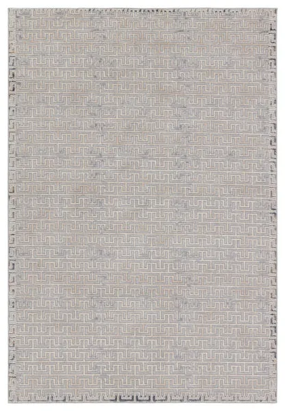 Baxley modern geometric area rug in gray, beige, navy, and cream with high-low pile, 9'3" x 12'