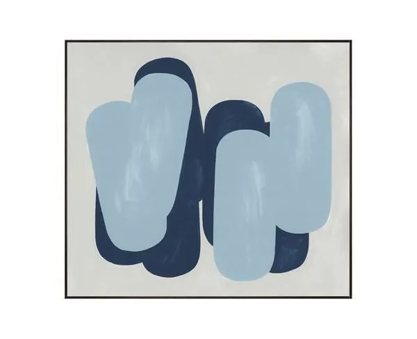 Abstract painting with overlapping light and dark blue rounded shapes on a light gray background in espresso brown float f...