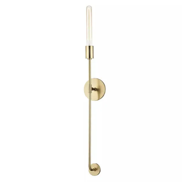 Dylan 1 Light Wall Sconce with slim brass finish rod and cylindrical bulb holder, vintage filament bulb included
