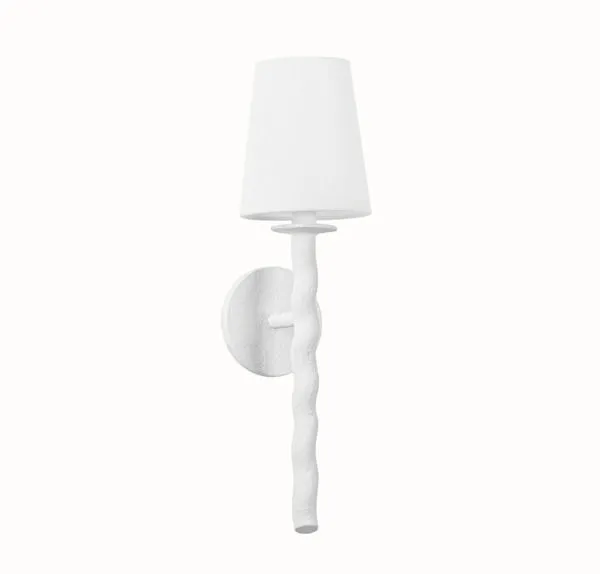 Alvaro Wall Sconce with textured white helical stem and off-white linen tapered shade