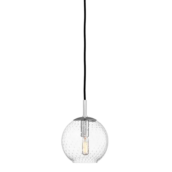 Rousseau 1 Light Pendant with clear dotted glass globe and visible bulb, suspended on black cord