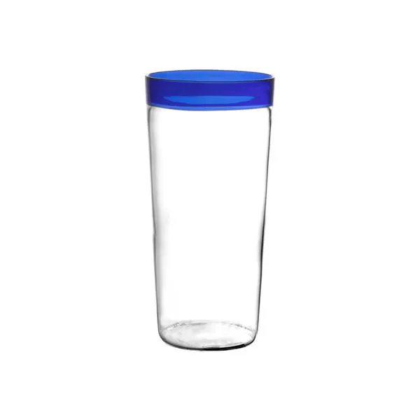Tall clear borosilicate high ball glass with vibrant blue rim, 13 fl oz capacity