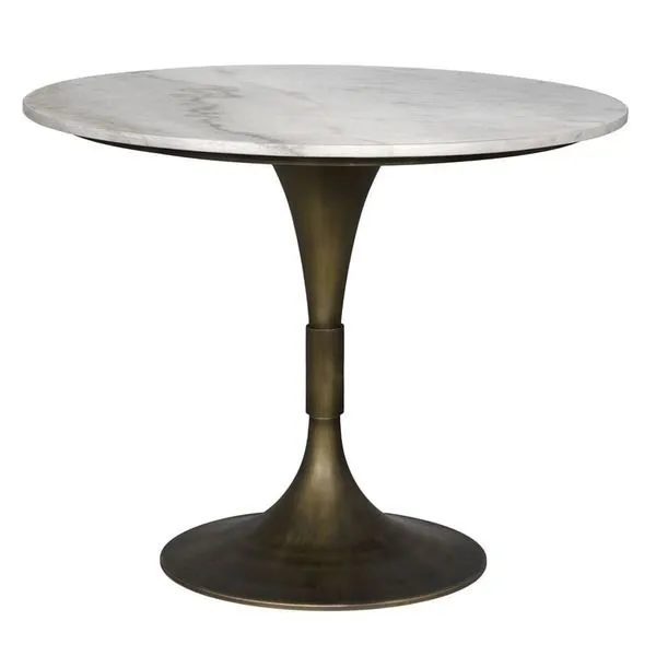 Close-up side view showing the curved aged brass base and marble top edge