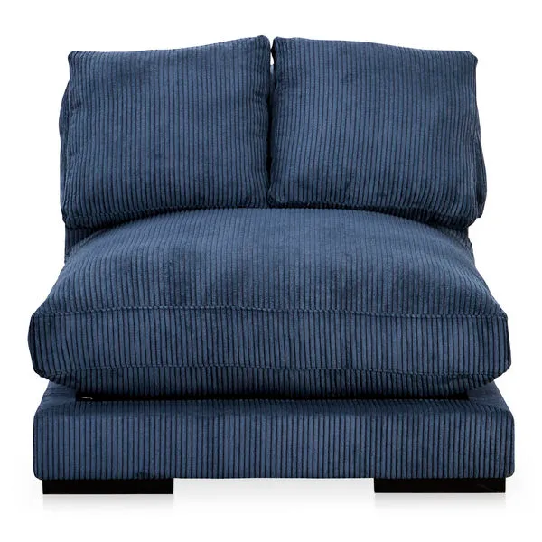 Plunge sofa in blue corduroy fabric with deep seat, plush cushions, and clean-lined silhouette seating three