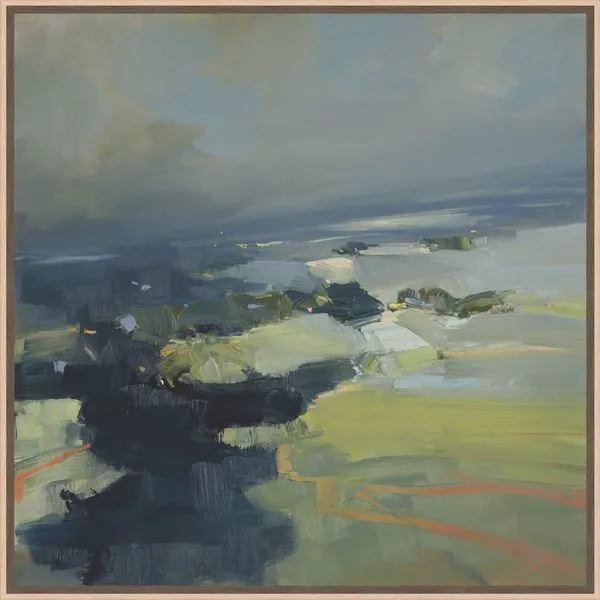 abstract landscape painting with bold brushstrokes in blues, greens, and earth tones depicting expansive countryside