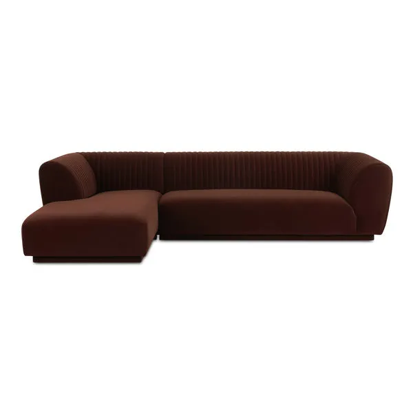 Zandro sectional sofa in dark brown velvet with vertical channel tufting on back and arms, L-shaped configuration